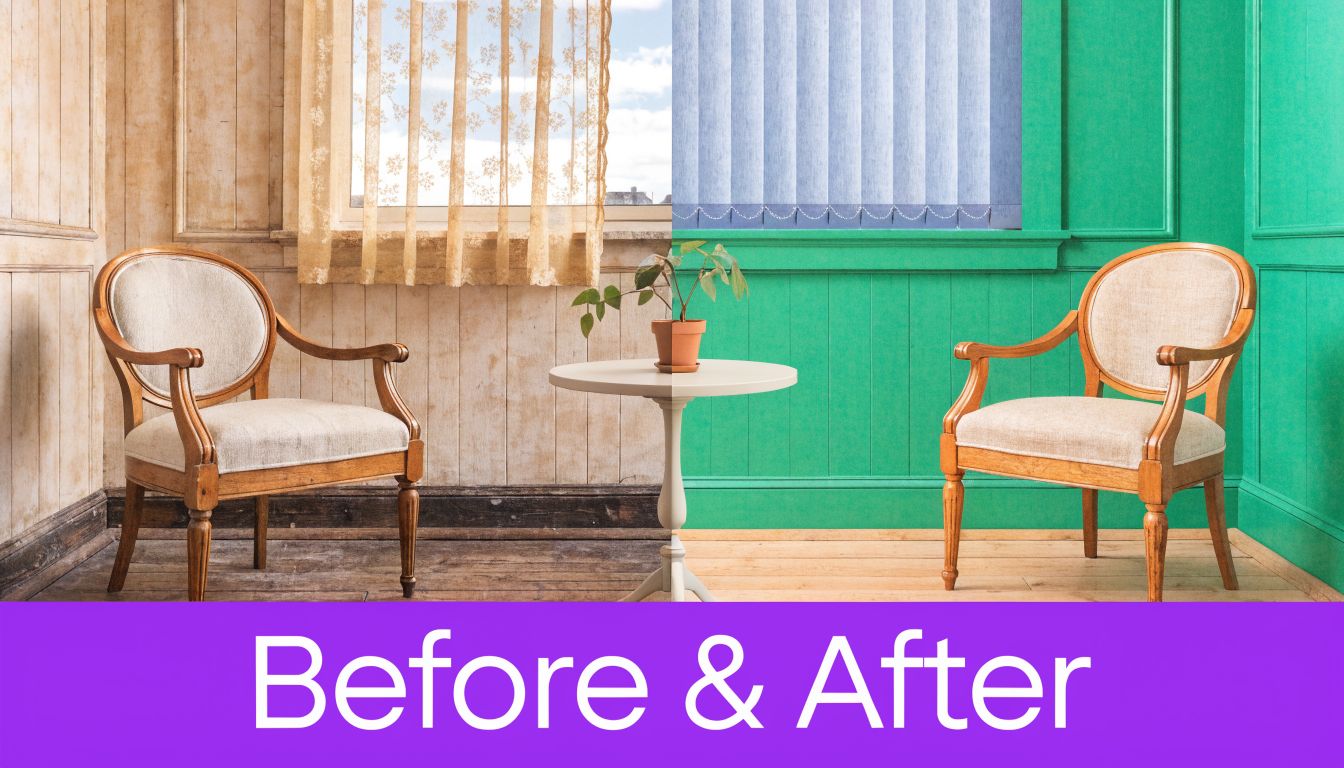 A split-screen comparison showing a room renovation with a vintage style on the left and modern green on the right.