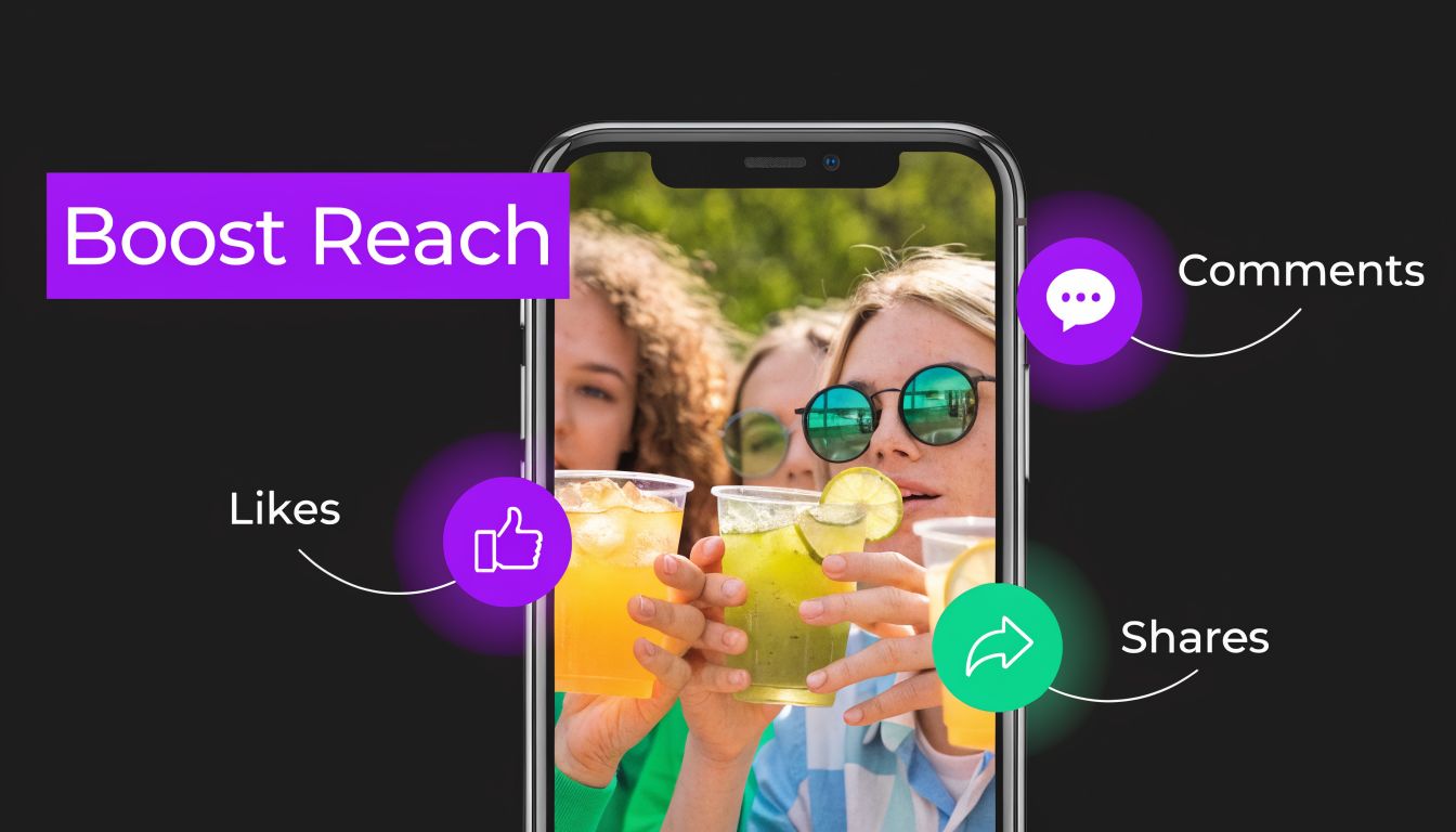 A smartphone screen displaying a photo of friends toasting with drinks, highlighting social media engagement icons.