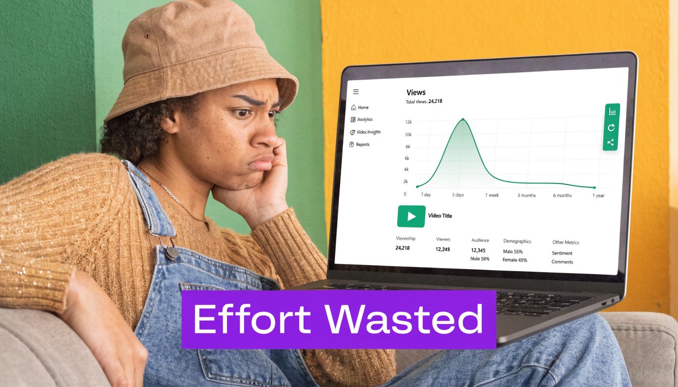 A confused young woman sitting on a couch looking at a laptop showing disappointing video analytics data.