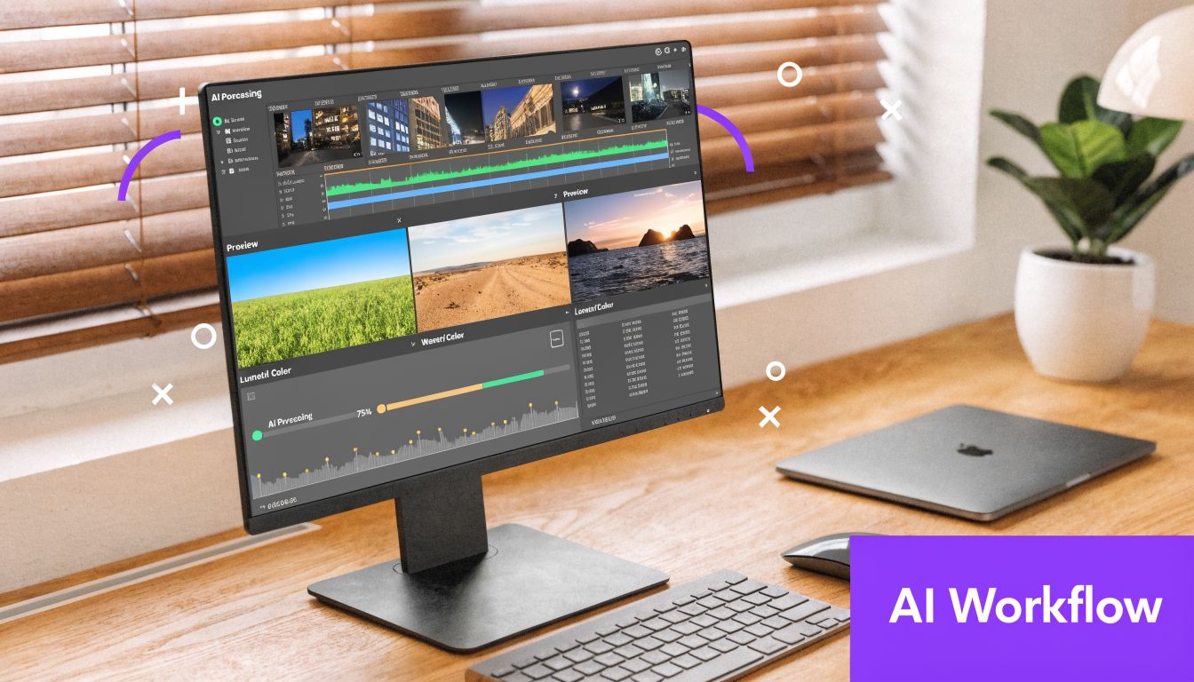 A computer monitor displaying AI video editing software on a desk in a well-lit home office.