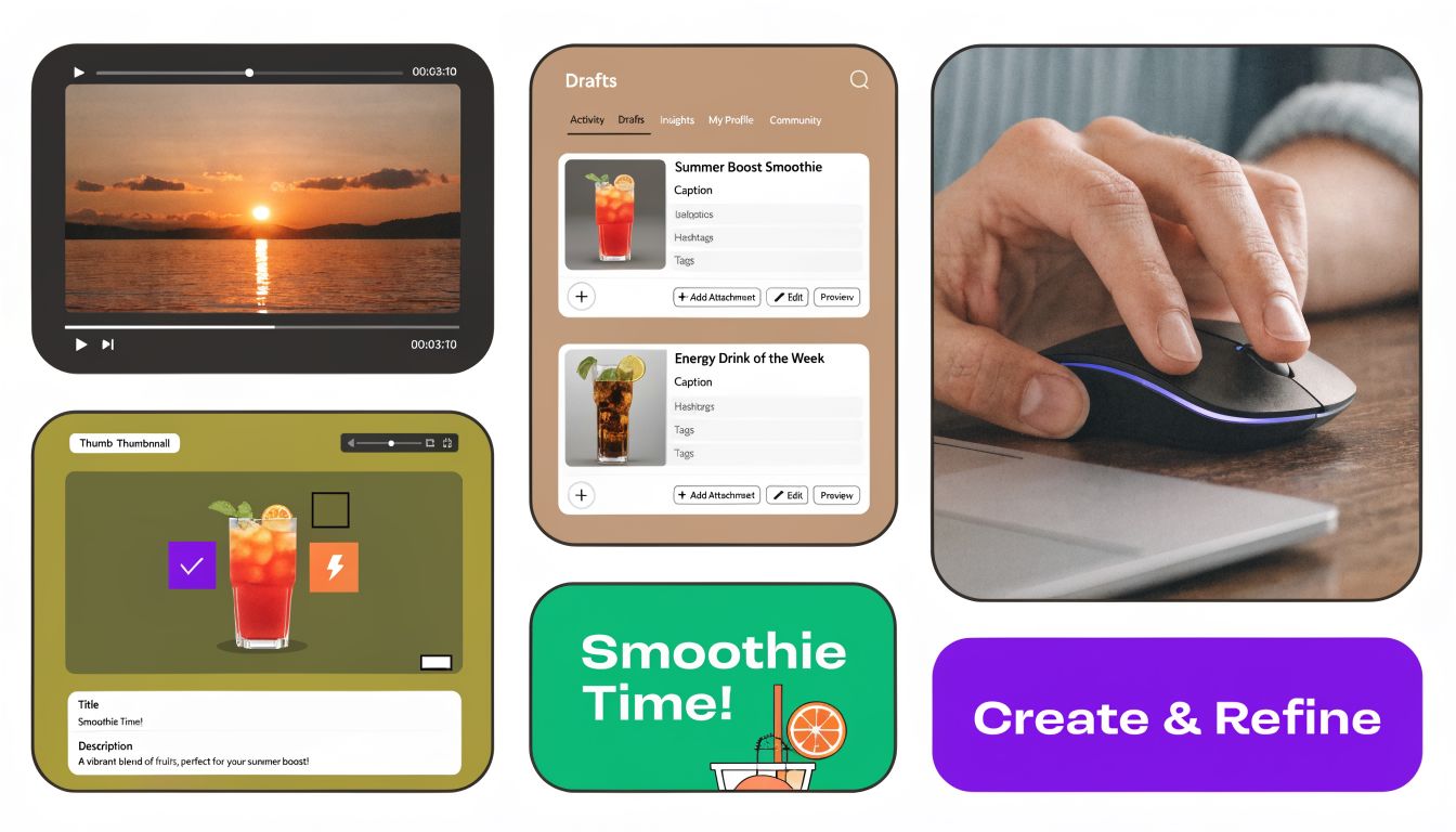 A digital interface showcasing content creation tools for managing, editing, and previewing beverage-themed social media posts.