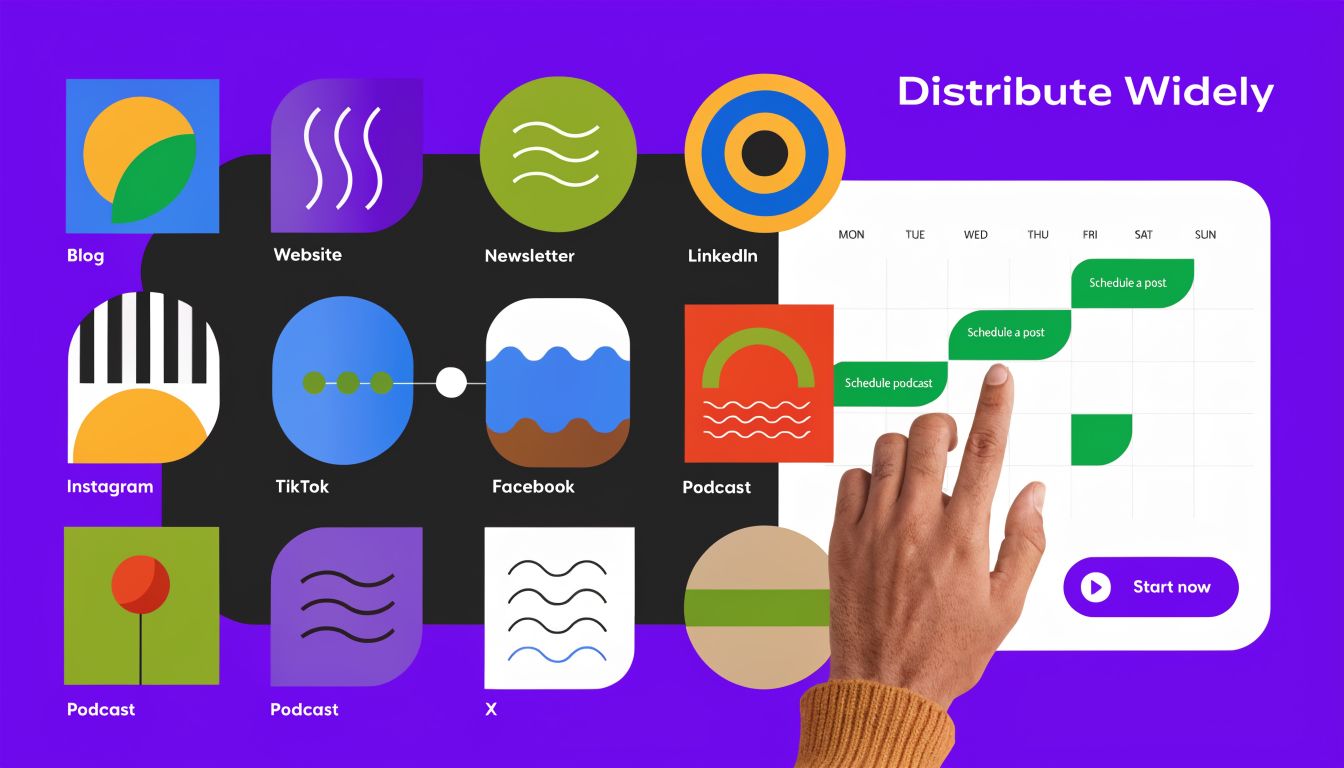 A hand interacting with a digital calendar interface showing various content marketing distribution channels and scheduling.