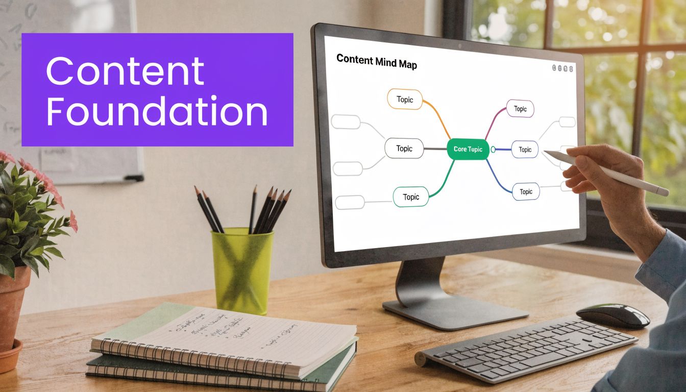 A professional desk setup with a computer screen displaying a content mind map diagram and a digital pen.