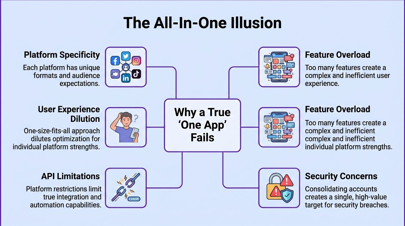 A diagram explaining why the one-app-for-all approach for social media management fails to be effective.