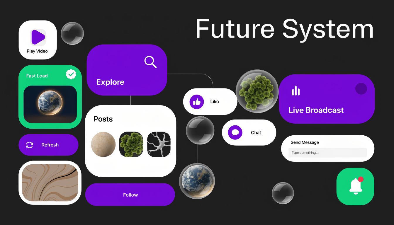 A modern interface design showing a futuristic app dashboard with floating icons, buttons, and social networking elements.