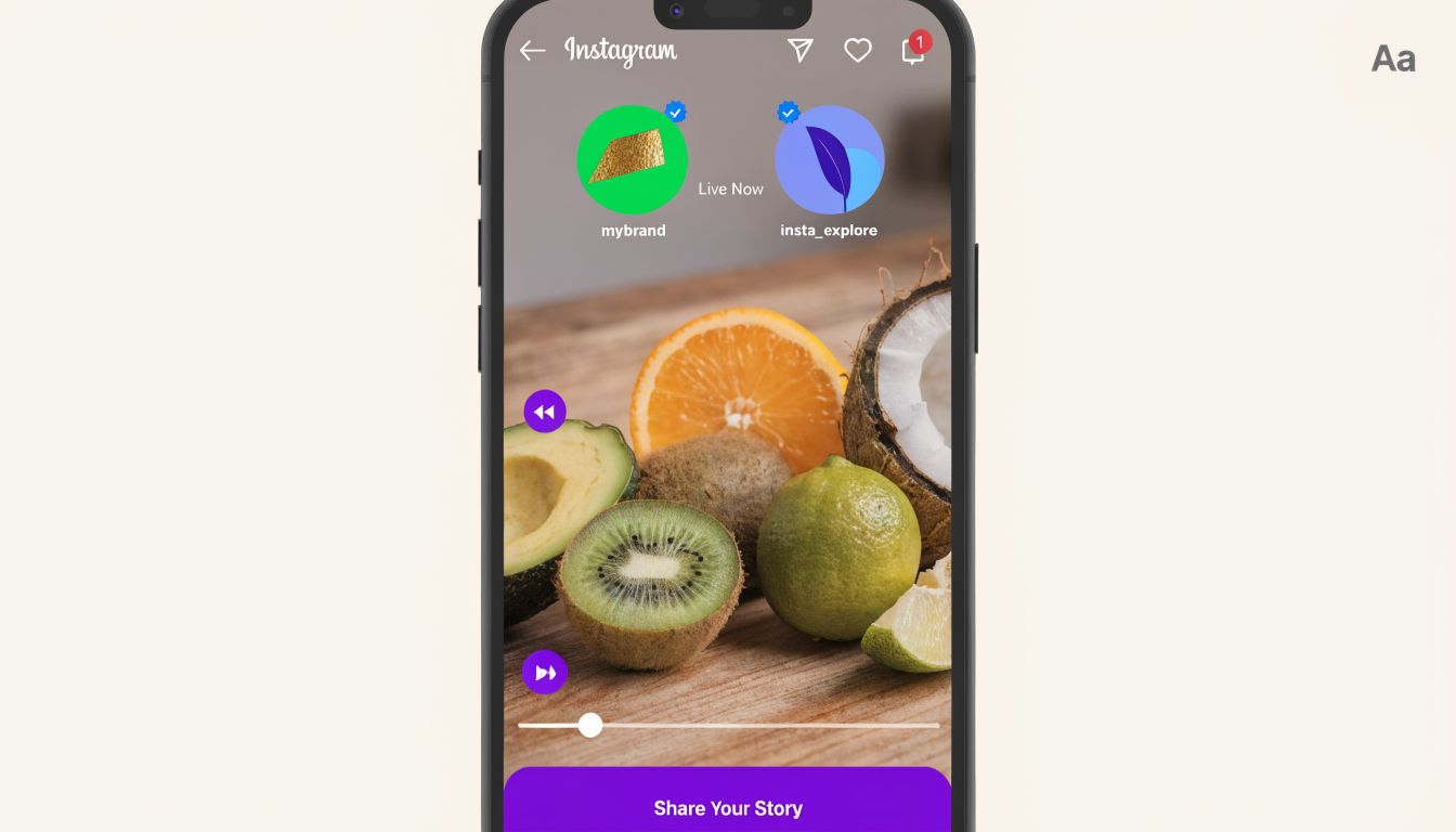 A smartphone screen displaying an Instagram story interface with fruit photography and playback controls.