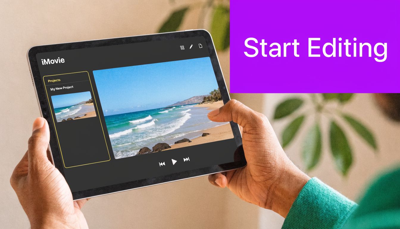 A person holding a tablet showing the iMovie app with video editing project interface on screen.