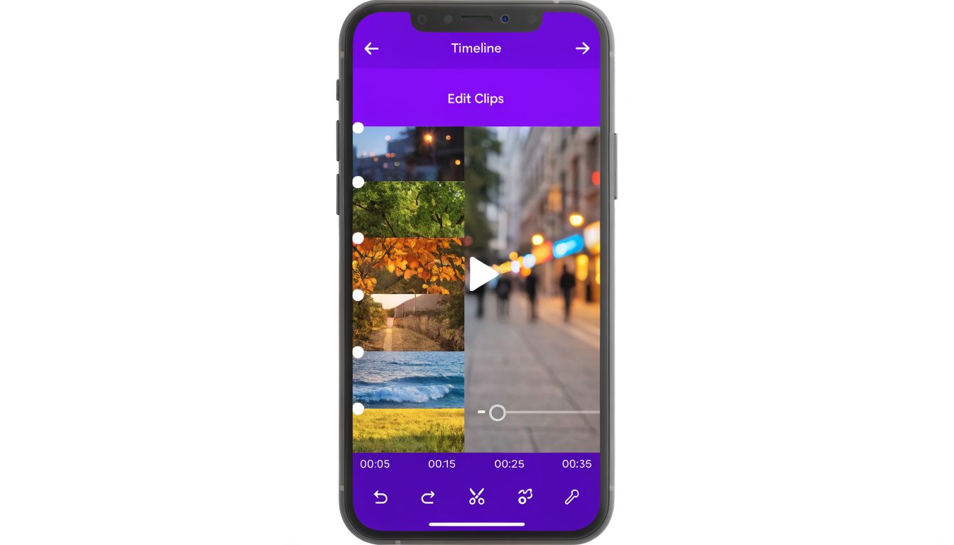 A smartphone screen displaying a video editing application interface with a vertical timeline of multiple video clips.