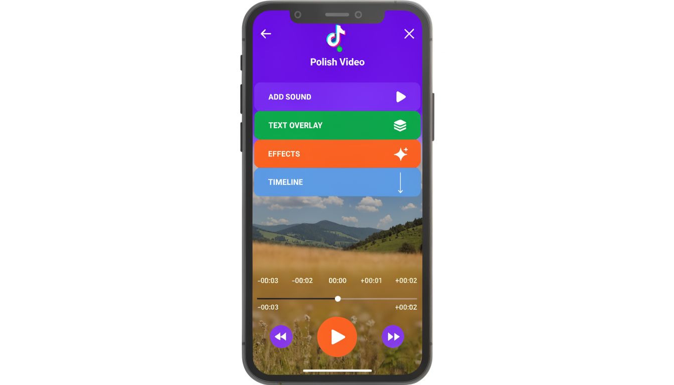A smartphone screen displaying a TikTok video editing interface with options for adding sound, text, effects, and timeline.