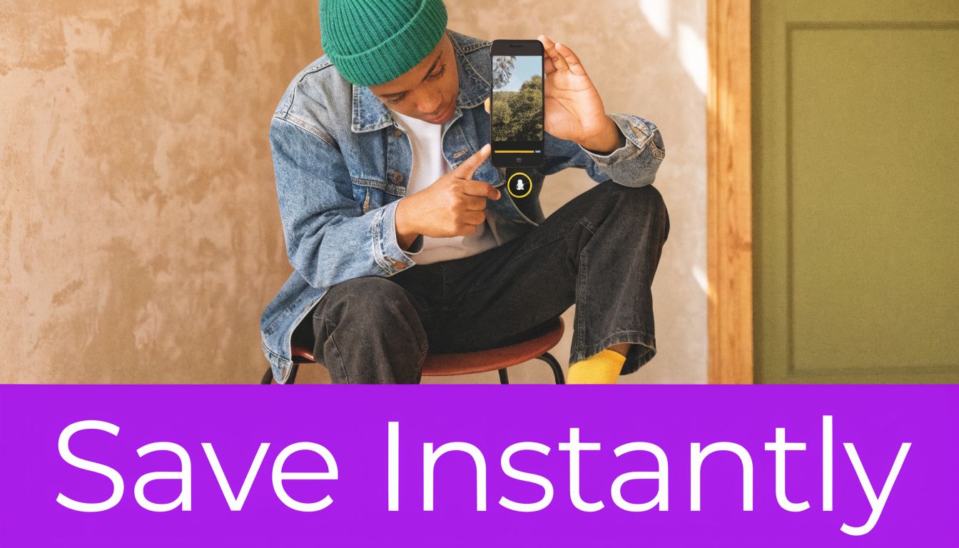 A person holding a smartphone showing an interface for saving videos on the Snapchat application platform.
