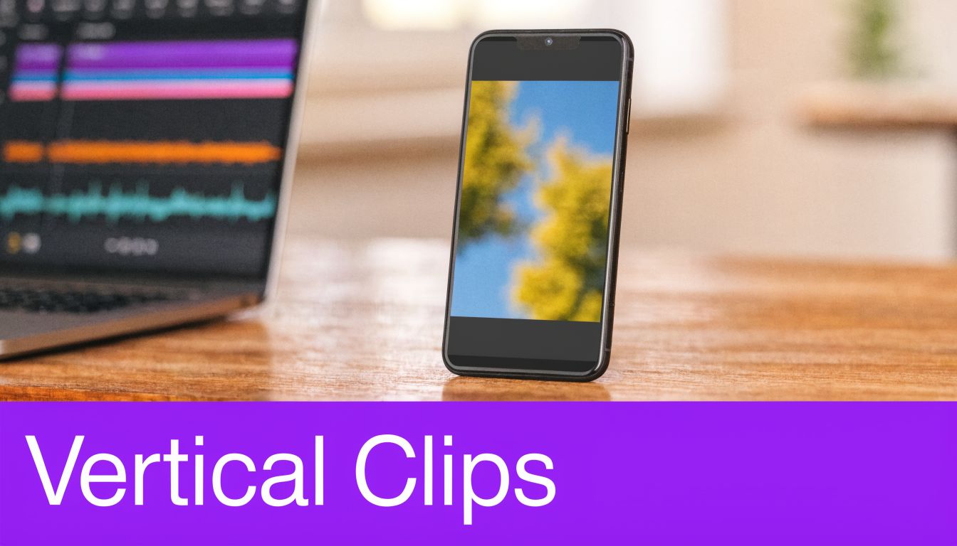 A smartphone displaying a vertical video next to a laptop on a wooden desk with purple background.