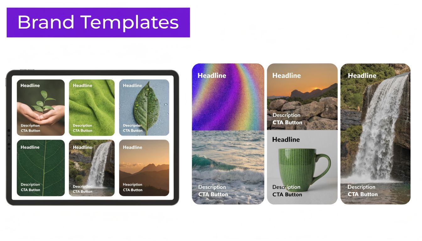Visual display showing various brand template design options for web, mobile, and digital content layouts.