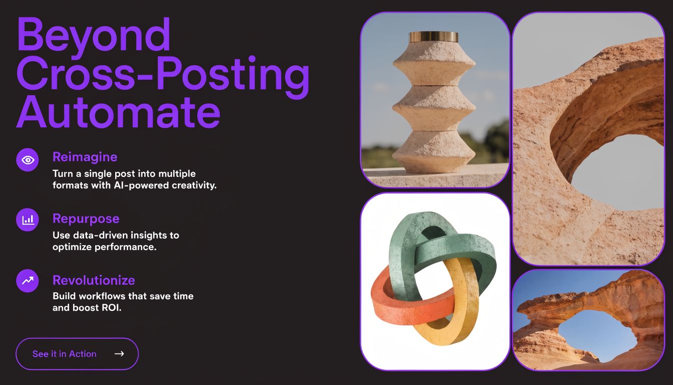 A marketing graphic titled Beyond Cross-Posting Automate showing abstract art pieces and natural stone formations.
