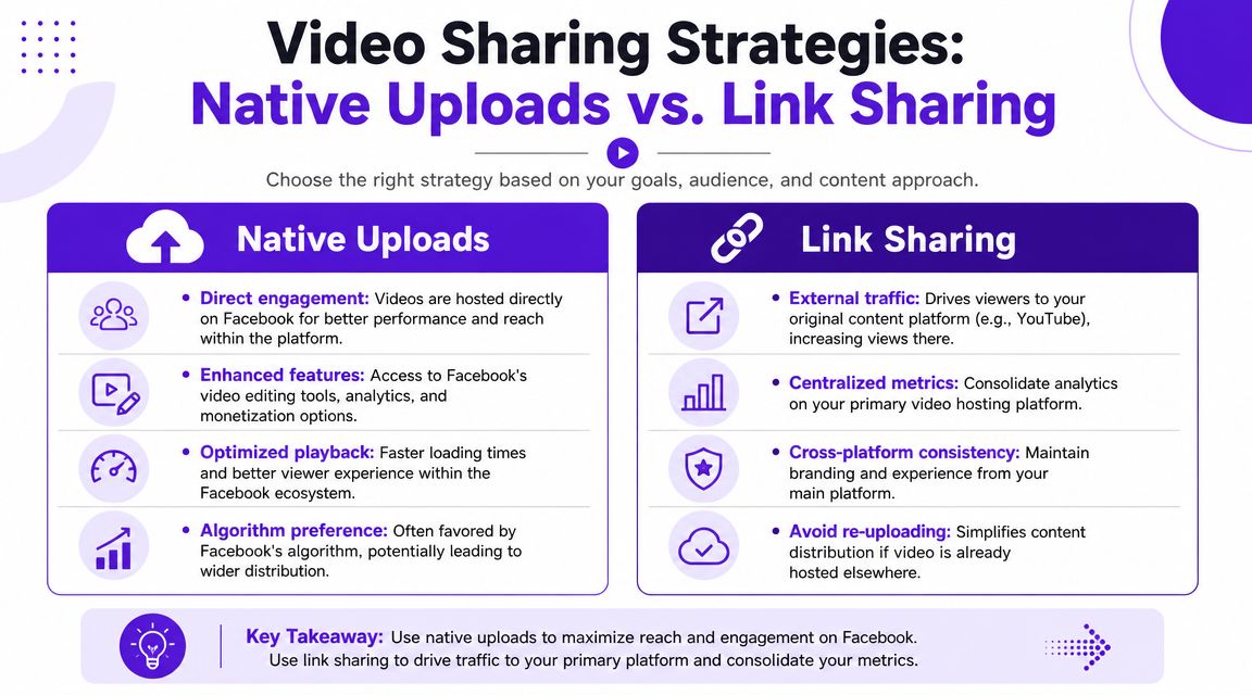 An infographic comparing Facebook native video uploads and external link sharing strategies for social media content.