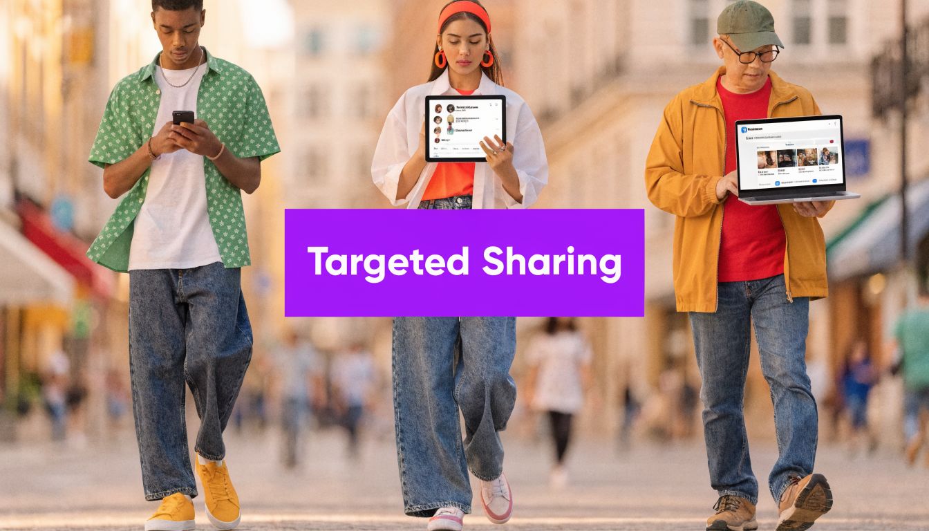 Three people walking on a city street while using different digital devices to share content online.