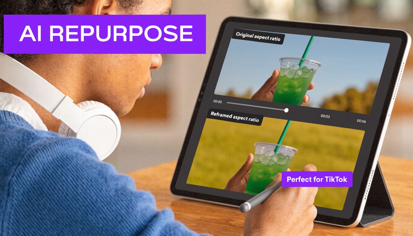 A person using a stylus on a tablet screen showing video editing for different aspect ratios.