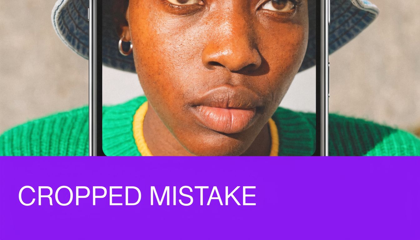 A close-up portrait of a woman inside a smartphone screen displaying a poor aspect ratio crop.