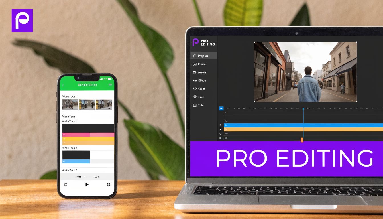 A smartphone and laptop displaying video editing software side-by-side on a wooden surface with a plant.