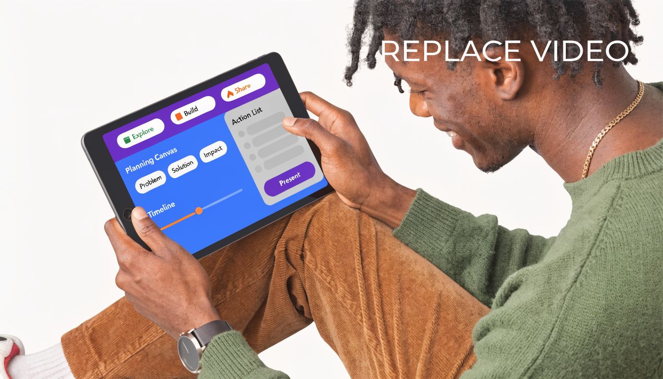 A young man with dreadlocks smiling while holding and using a tablet to edit content.