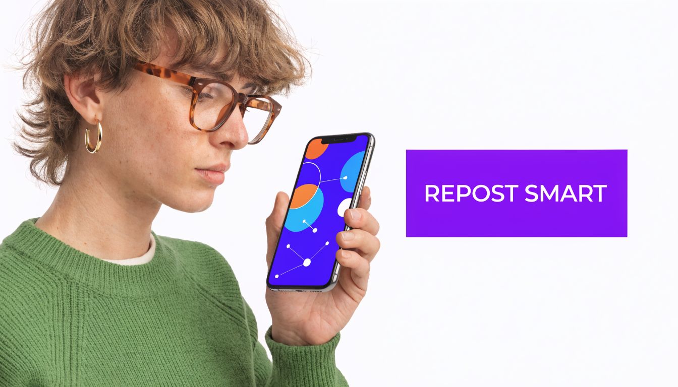 A person with curly hair and glasses holds a smartphone displaying a colorful abstract circular design.