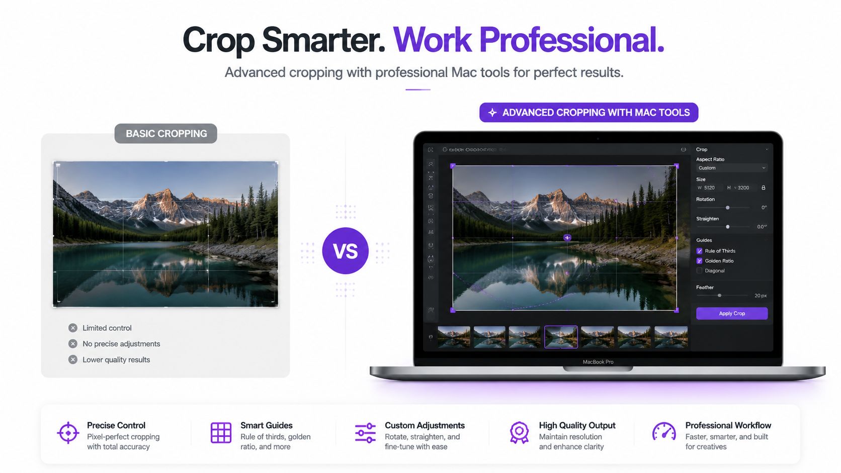 A comparison between basic photo cropping and professional advanced Mac cropping tools with precise adjustments.