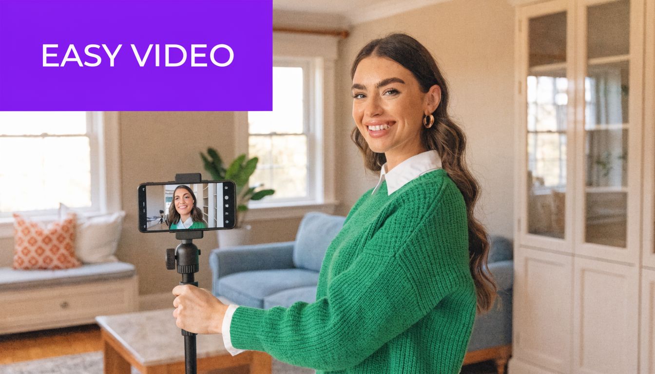 A smiling woman in a green sweater filming herself with a smartphone on a tripod stand.