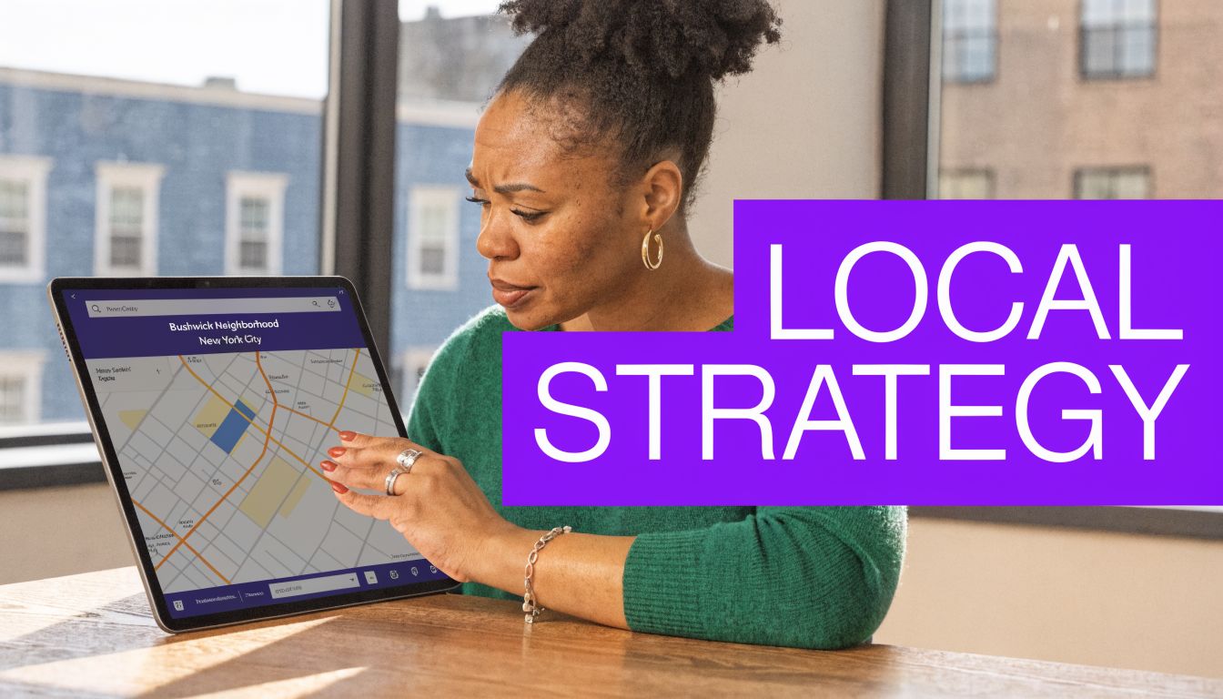 A businesswoman looking at a digital map of Bushwick, New York City on a tablet device.