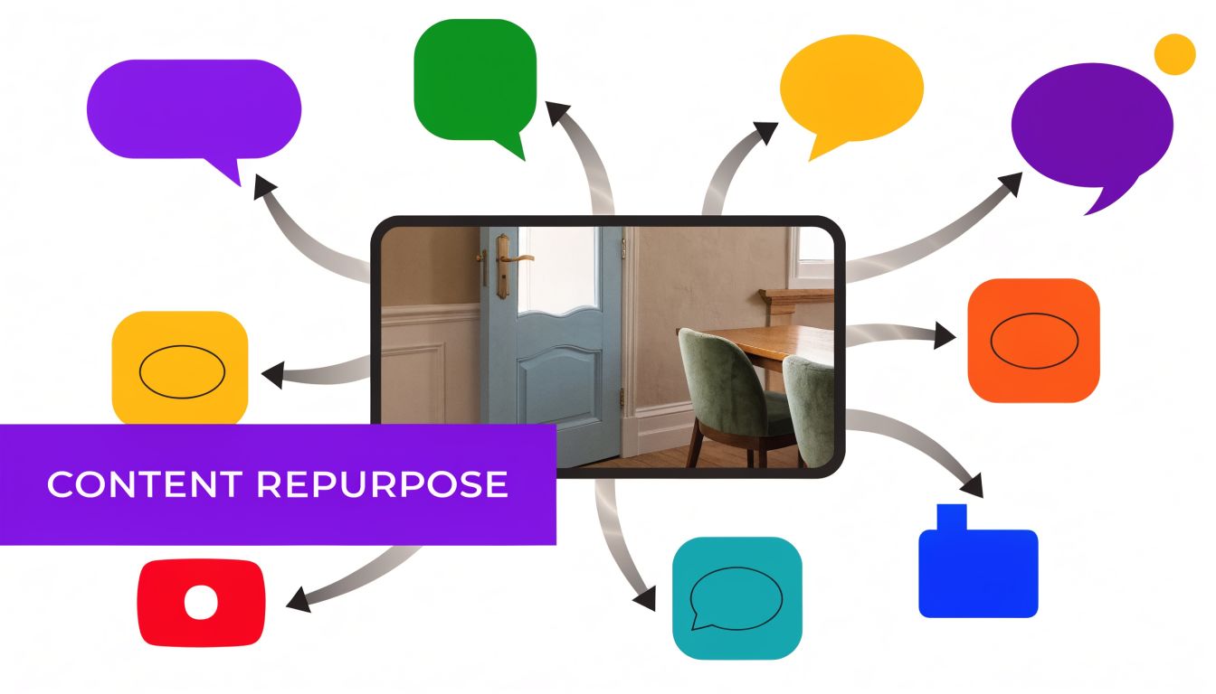A diagram illustrating content repurposing strategy for a room interior photo displayed in the center.