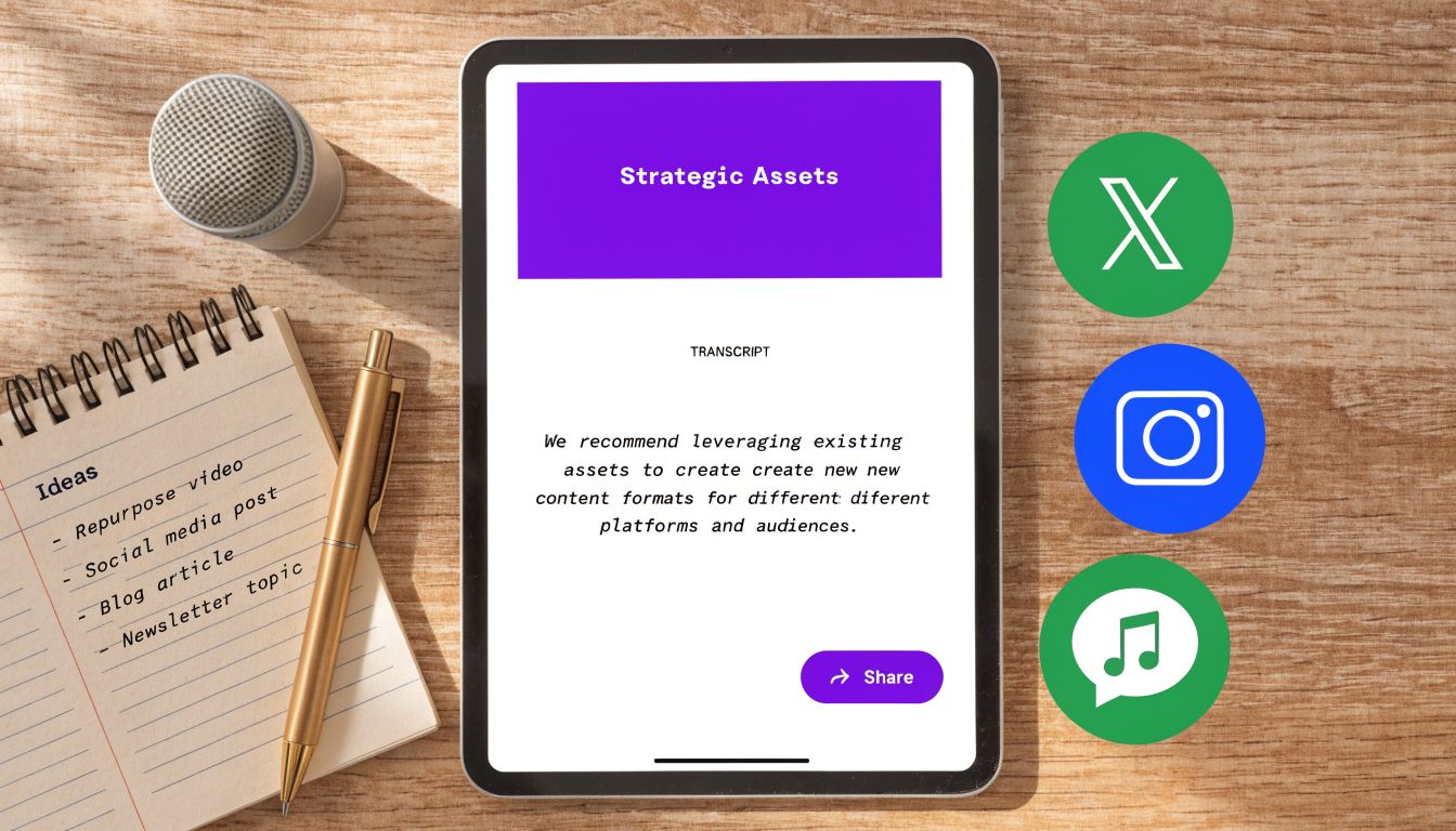 A digital tablet displaying a content repurposing strategy with icons for X, Instagram, and music platforms nearby.
