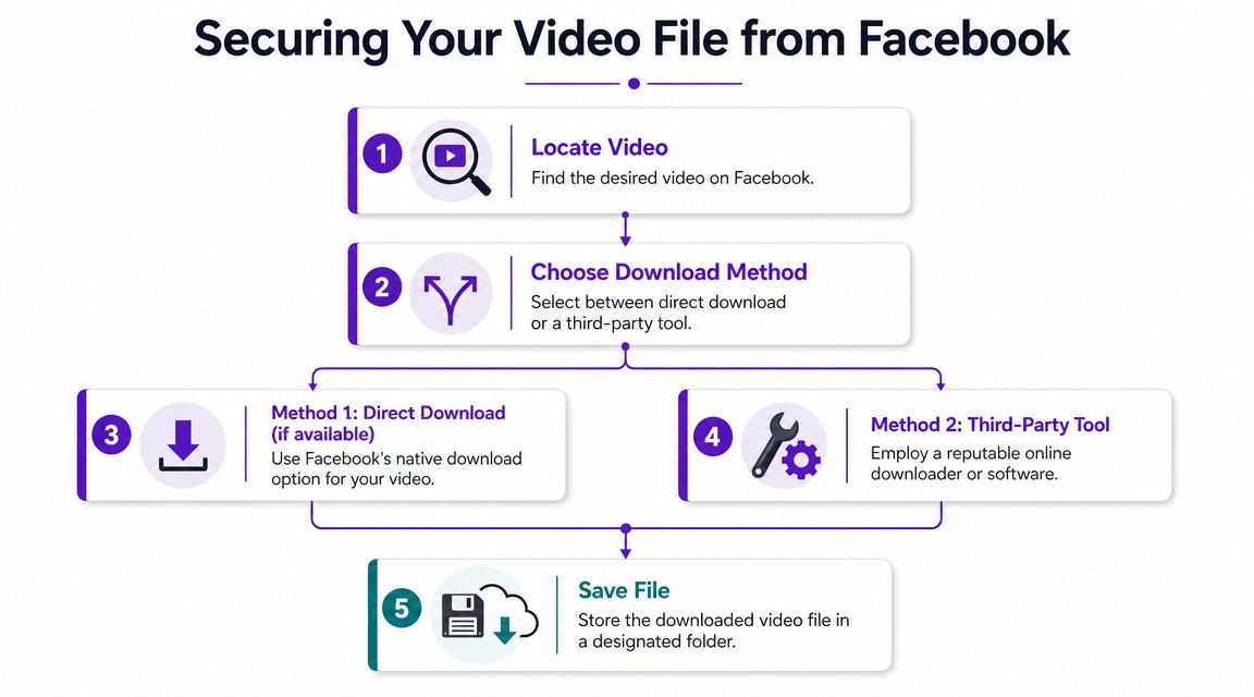 A flowchart infographic titled Securing Your Video File from Facebook illustrating five steps for downloading videos.
