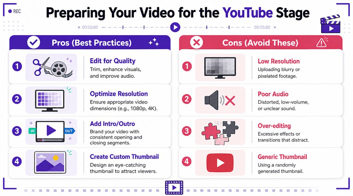 An infographic comparing pros and cons for preparing YouTube video content to ensure high-quality uploads.