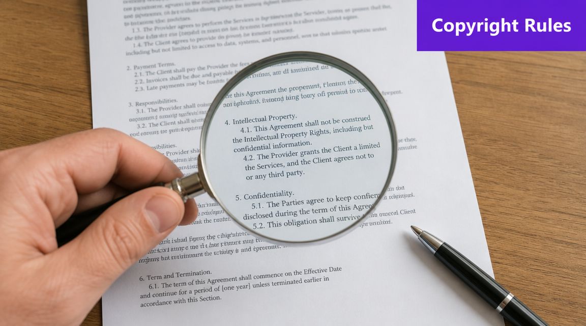 A person using a magnifying glass to read the Intellectual Property section of a legal contract.