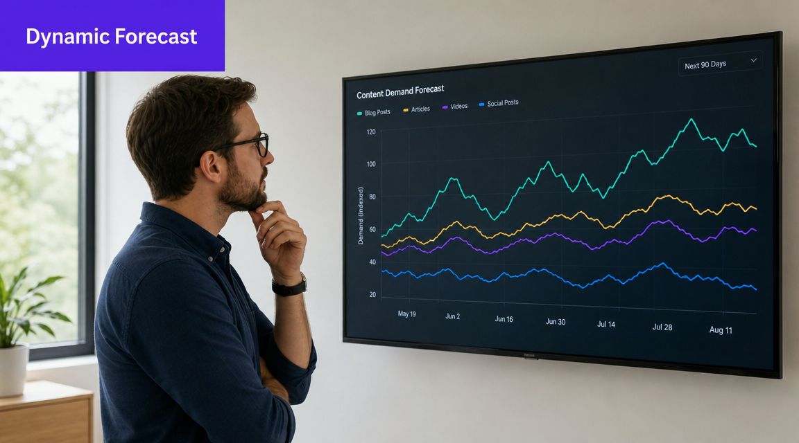 A professional analyzing a dynamic content demand forecast line chart displayed on a large office wall screen.