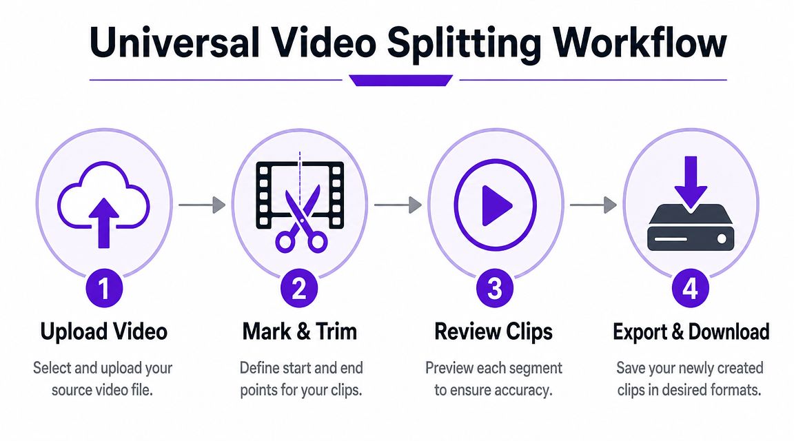 A four-step infographic illustrating the universal video splitting workflow from uploading files to exporting final clips.