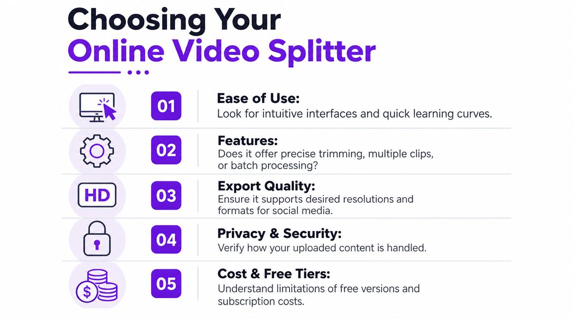 An infographic titled Choosing Your Online Video Splitter highlighting five essential features to consider when selecting tools.