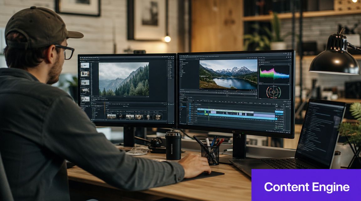 A video editor working on a professional project using two monitors and a laptop at his desk.