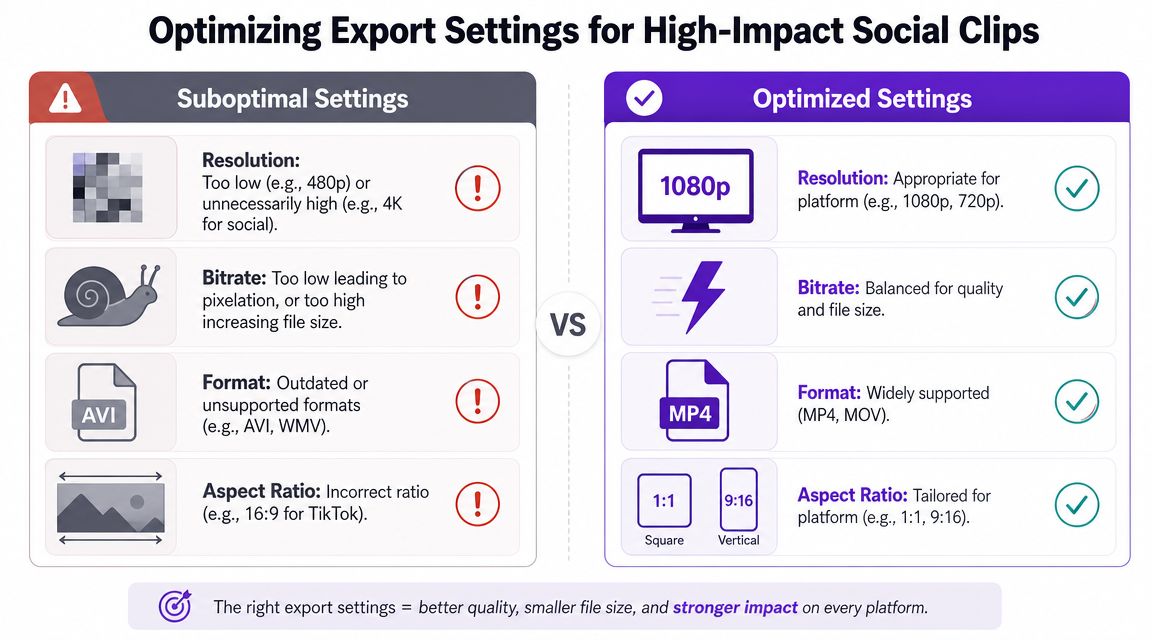 A comparison chart showing suboptimal versus optimized video export settings for social media platforms to improve quality.