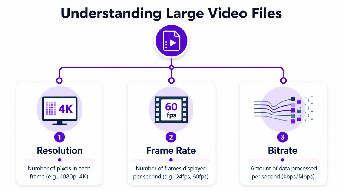 A diagram explaining three key factors that contribute to large video file sizes: resolution, frame rate, and bitrate.