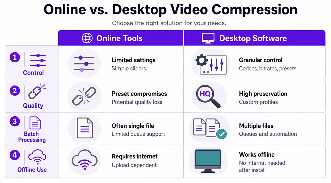 A comparison table outlining the differences between online video compression tools and desktop video software.