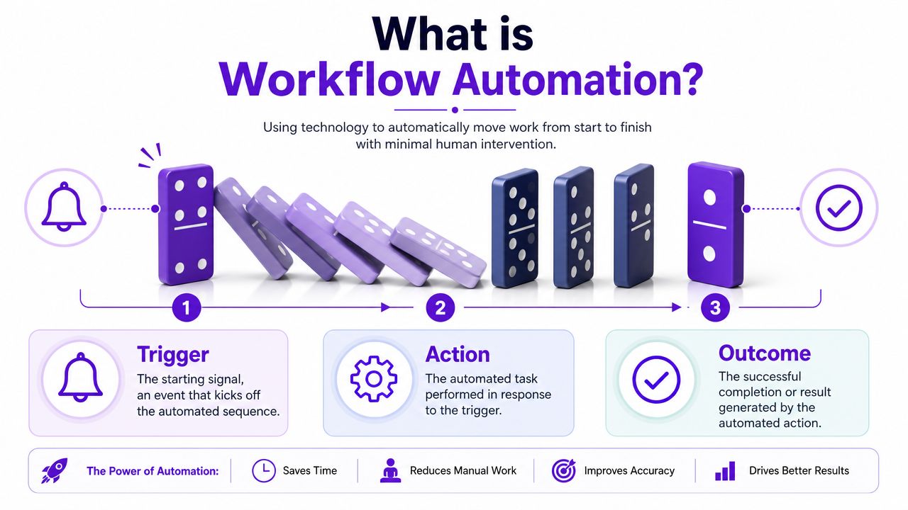 A diagram illustrating the three steps of workflow automation: trigger, action, and outcome using falling dominoes.