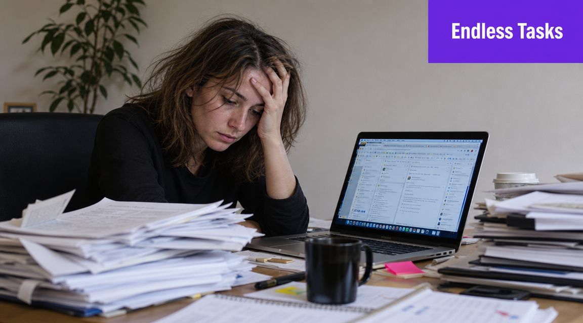 Stressed woman sitting at a desk overflowing with paperwork and working on a laptop computer.