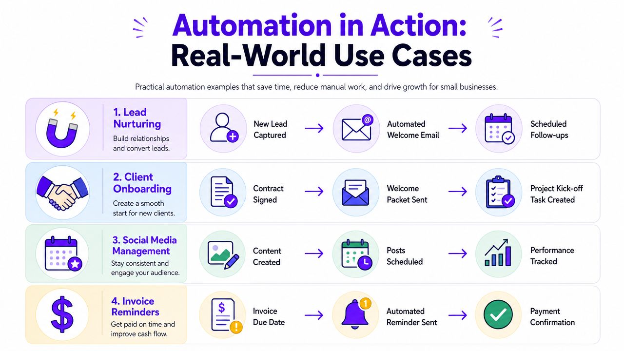 An infographic illustrating four real-world use cases for business workflow automation including lead nurturing, onboarding, and invoicing.