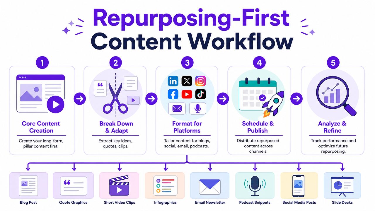 A five-step flowchart illustrating a repurposing-first content workflow for creating and distributing digital content.