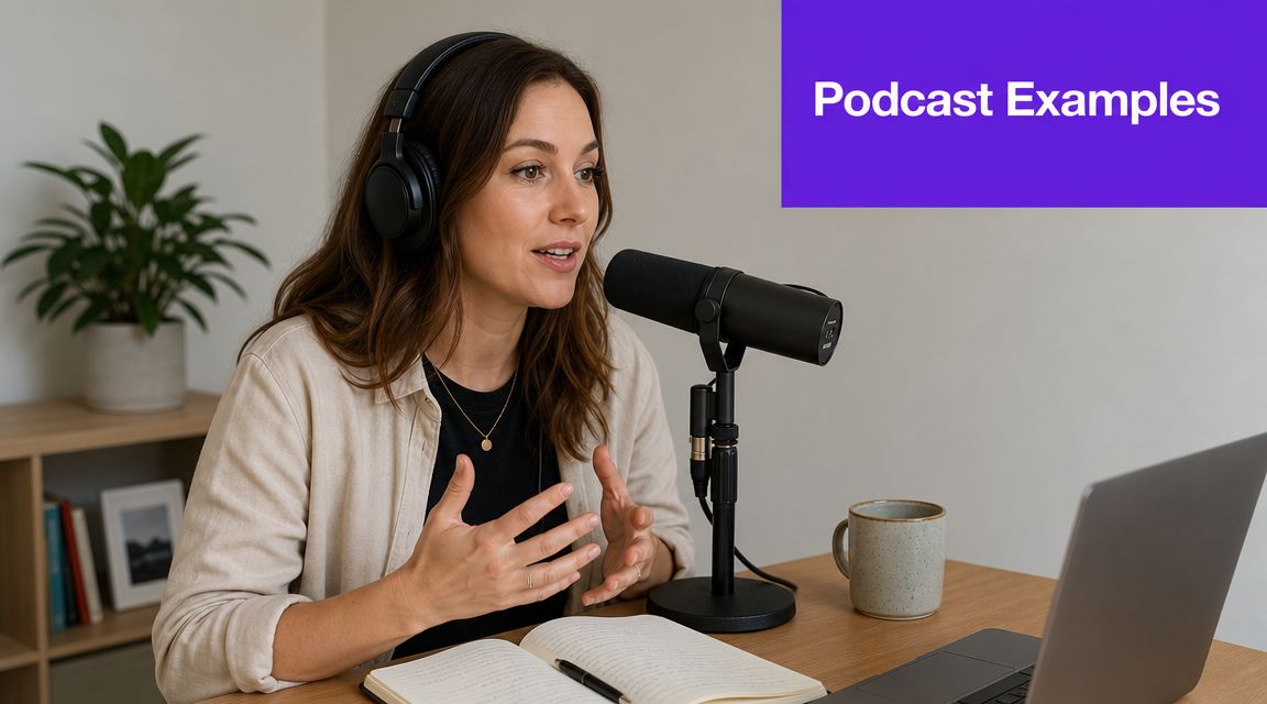 A woman wearing headphones speaks into a professional microphone while recording a podcast at her desk.