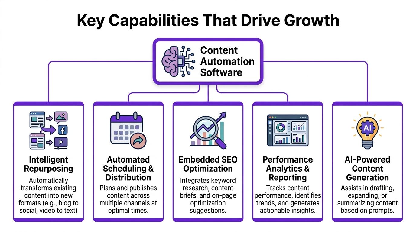 A diagram illustrating the five key capabilities of content automation software for driving business growth.