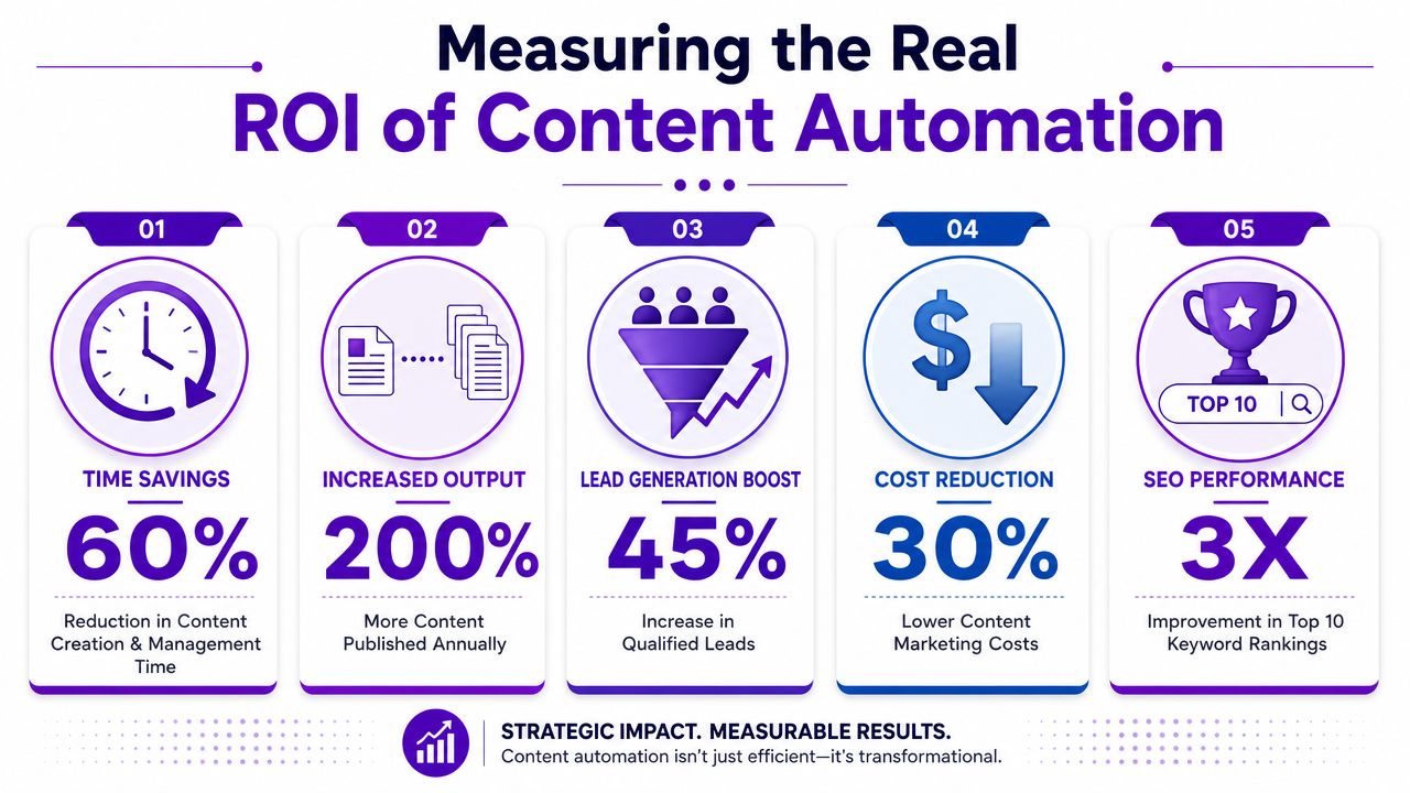 An infographic illustrating five key benefits and ROI metrics for implementing content automation in marketing strategies.