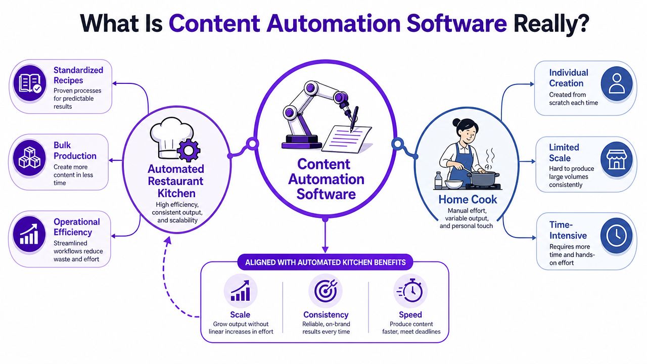 A diagram comparing the high-efficiency process of content automation software to manual home cooking methods.