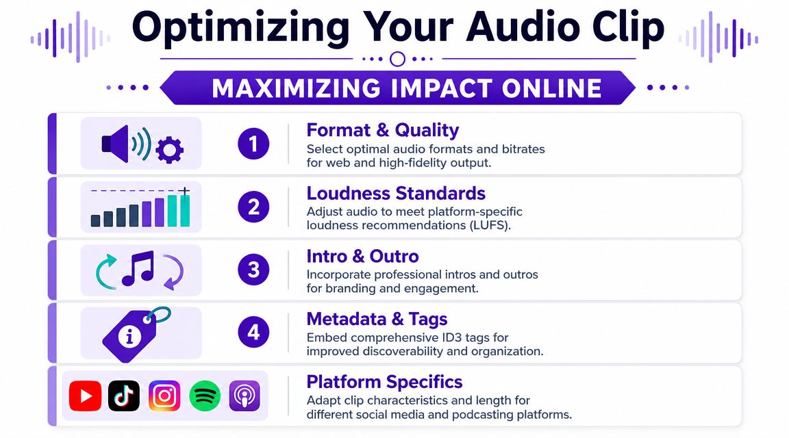 A professional infographic titled Optimizing Your Audio Clip showing five essential steps for maximizing audio content impact online.