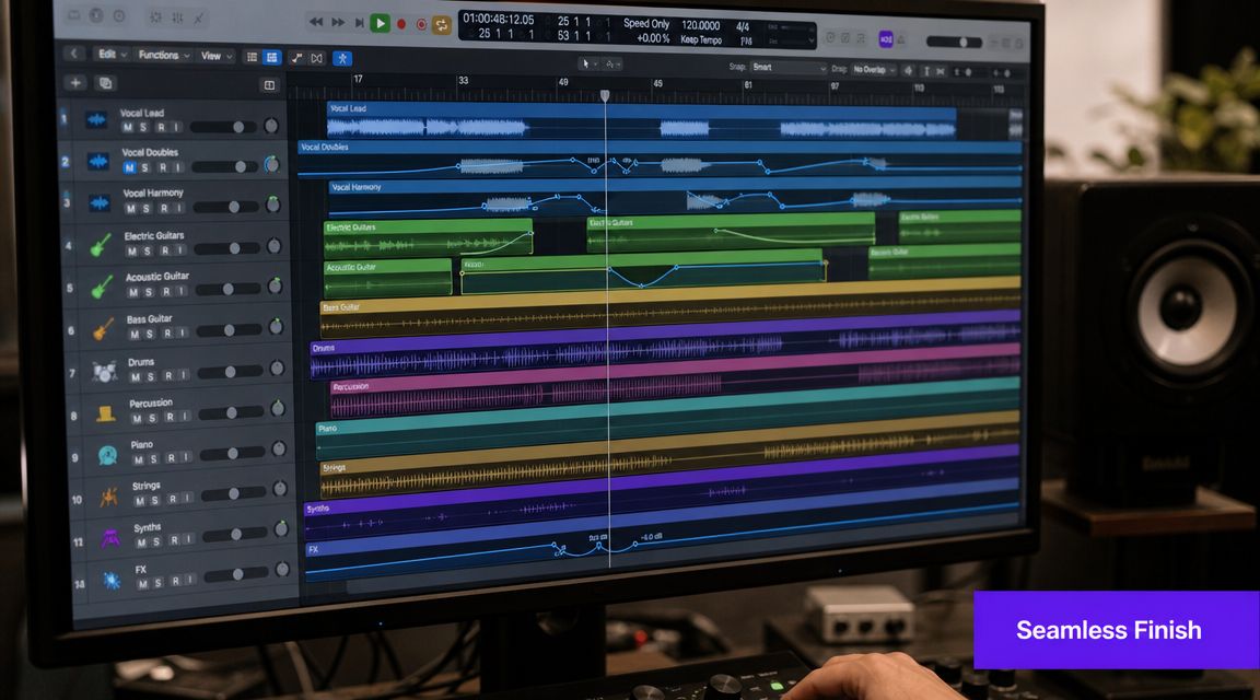 A computer screen showing a digital audio workstation with multi-track recordings being edited for music production.