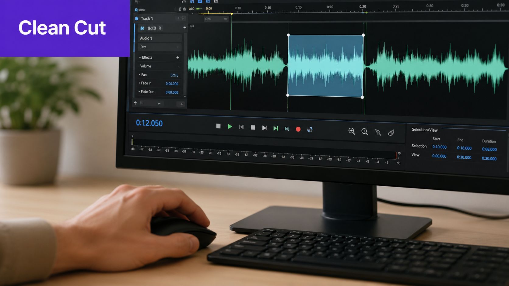 A person using a computer to edit an audio track in a professional digital audio workstation interface.